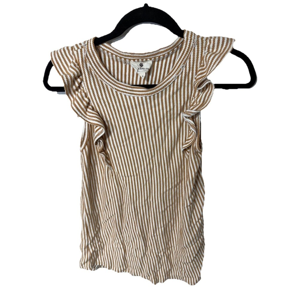Betsey’s Boutique Waffle Knit Tan and White Striped Ruffle Sleeve Top Size S